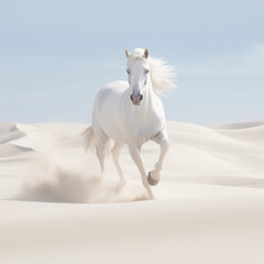 White horse running in the desert. Gallop. Freedom concept.