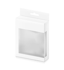 White package box with hang slot and transparent window mockup for electronic accessories. Half side view. Vector illustration isolated on white background. Ready and simple to use for your design.