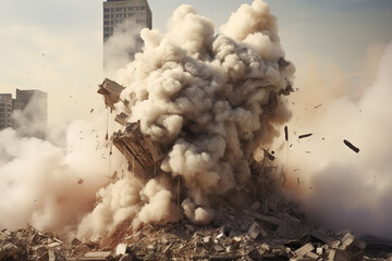 Building collapsing in a bomb blast with smoke overhead, blowing up a building with explosives, smoke and ruins