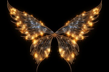 Big gold shimmering fairy wings on black background, element for masking or photo zone. - obrazy, fototapety, plakaty