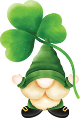 Illustration of Irish gnomes holding clover or clovers on St. Patrick's Day, Cute gnome for St Patrick day