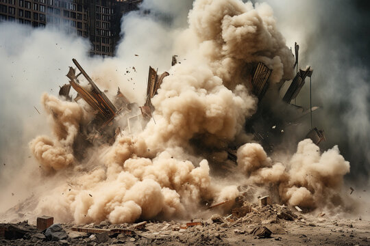 Building collapsing in a bomb blast with smoke overhead, blowing up a building with explosives, smoke and ruins