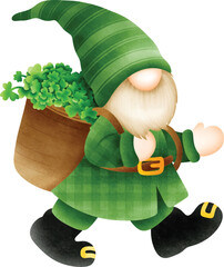 Cheerful gnomes wore bright green suits and cheerfully carried baskets full of four-leaf clovers, Cute gnome for St Patrick