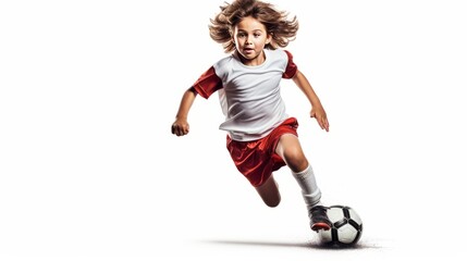 Children soccer player in action isolated white background isolated on white background,. Created using Generative AI Technology - obrazy, fototapety, plakaty