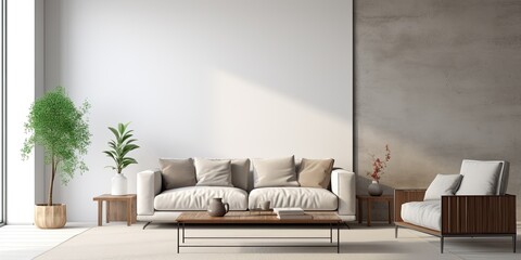 Contemporary, well-decorated living room in minimalist apartment for rent. - obrazy, fototapety, plakaty