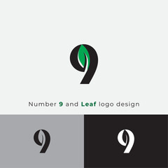 Number 9 nine and eco leaf logo design icon simple and modern