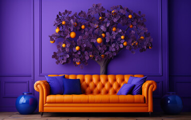 vibrant 3D pattern of a plane tree on a royal purple sofa against a tangerine-colored wall with an indigo sofa.