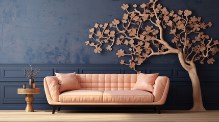 3D pattern of a plane tree on a sofa with mottled bark, set against a pastel peach wall and paired with a navy blue sofa.