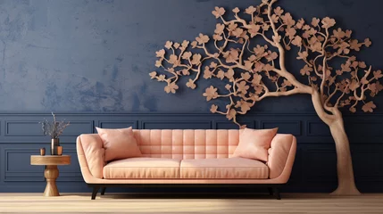 Papier Peint photo Ancien avion 3D pattern of a plane tree on a sofa with mottled bark, set against a pastel peach wall and paired with a navy blue sofa.