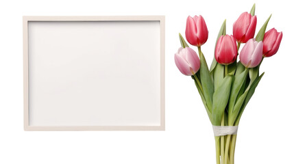 Empty photo frame with tulip flowers on a light background, minimalist