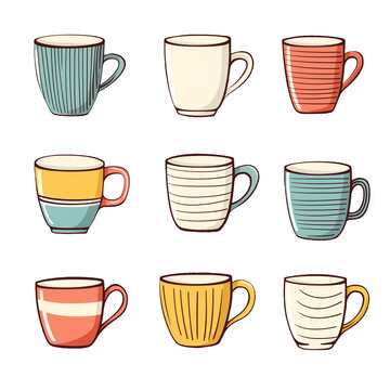 A set of simple cute tea cups isolated on a transparent background, clip art