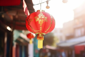 Fototapeta premium Lucky chinese lantern in china happy new year, red paper chinese lantern, Concept celebration of Chinese new year decoration lantern