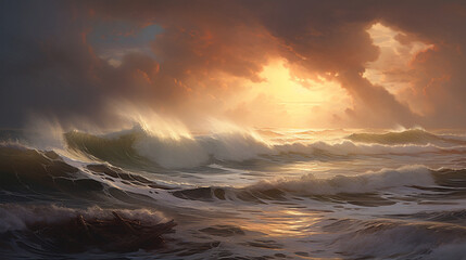 Seascape. Waves at the sea. Waves on the ocean. Stormy sea. Storm at sea. Landscape in a classic style.