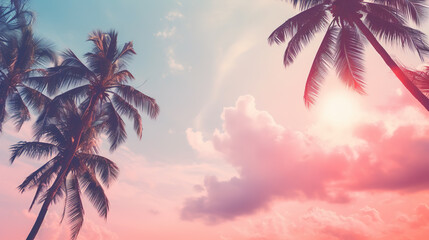 Coconut palm trees on pink sky background. Vintage toned - obrazy, fototapety, plakaty