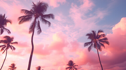 Fototapeta na wymiar Coconut palm trees on pink sky background. Vintage toned 