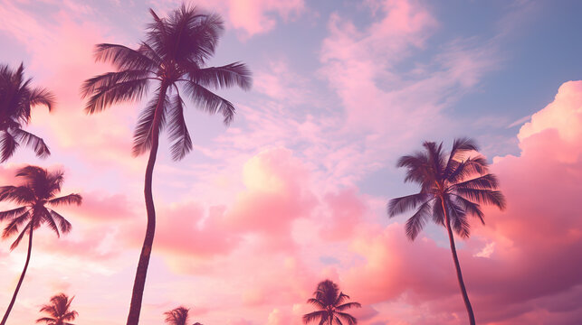 Coconut palm trees on pink sky background. Vintage toned	
