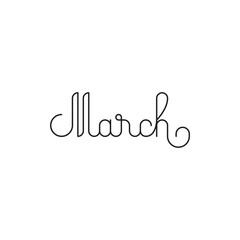 March Month Monoline Outline Lettering. Vector Illustration of Copperplate Calligraphy Style Phrase. Spring Seasonal.