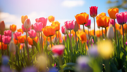Field of Blooming Colorful Tulips - Generative Ai