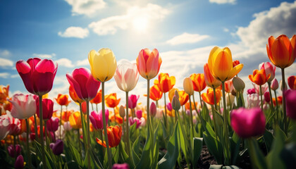 Field of Blooming Colorful Tulips - Generative Ai