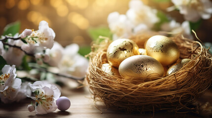 Fototapeta na wymiar Golden Easter eggs in nest with jasmine flowers on wooden background