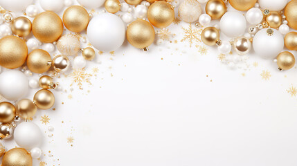 Fototapeta na wymiar Christmas background with white and gold baubles and golden decorations.