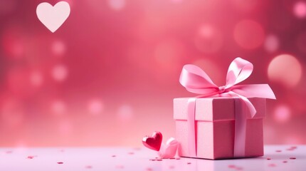 Fototapeta premium Pink gift box on blurred pink background with copy space for Valentine's day.