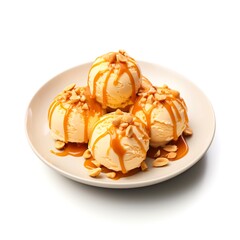 Plate of caramel ice cream with nuts on white background.