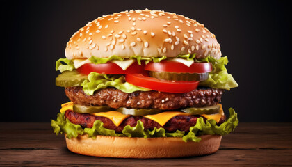 Appetizing Hamburger on a Dark Background - Generative Ai