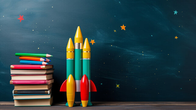 Back to school concept with rocket, books and stars on blackboard background
