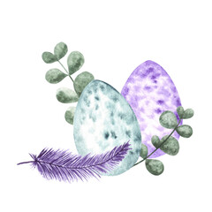 Hand drawn watercolor easter eggs with abstract splashes and dots composition with eucaliptus green branches and feather,isolated aquarelle element for design cards,invitations