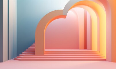3d render illustration in modern geometric style Arch and stairs in trendy minimal interior Gradient pastel colors background Abstract composition, Generative AI