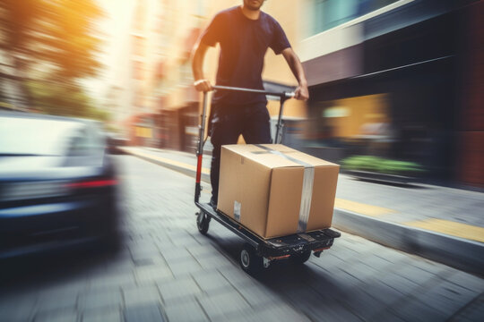 Delivery Man Pushing A Cart With Cardboard Boxes