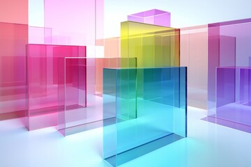 3d render, abstract geometric background, translucent glass with colorful gradient, simple square shapes, Generative AI