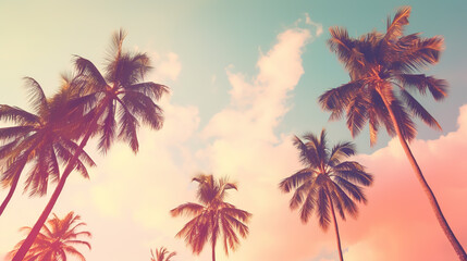 Coconut palm trees on pink sky background. Vintage toned	
 - obrazy, fototapety, plakaty
