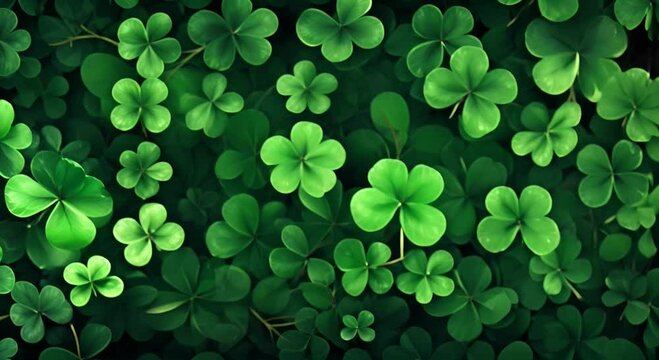 Numerous green clover leaves on a dark green background, creating the feeling of a dense and lively natural canopy. The concept of celebrating St. Patrick's Day.