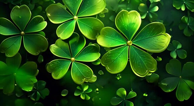 Golden clover leaves with green speckles on a dark green background with light reflections. The concept of celebrating St. Patrick's Day.