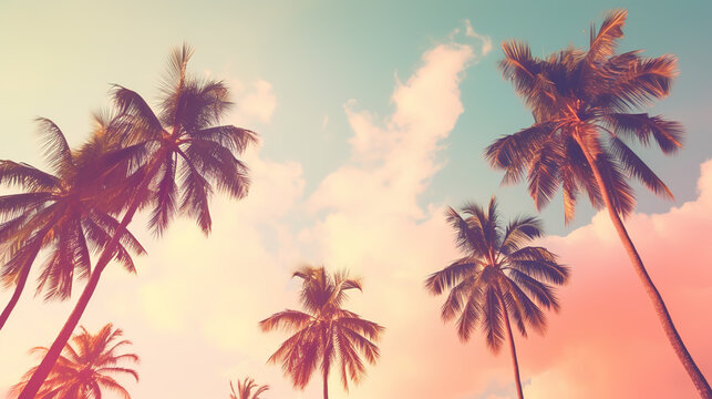 Coconut palm trees on pink sky background. Vintage toned	
