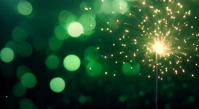 Green glares and sparkles from a sparkler on a dark background, creating a festive mood. The concept of celebrating St. Patrick's Day.