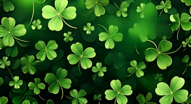 Numerous green clover leaves with bright outlines against a dark background, creating an festive backdrop. The concept of celebrating St. Patrick's Day.