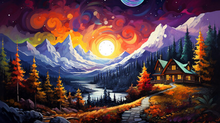 Fototapeta premium Landscape with mountains. A solitary house stands in the mountains. Bright sunset. Landscape with mountains and forest.