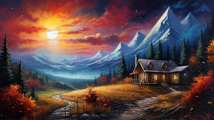 Foto op Canvas Landscape with mountains. A solitary house stands in the mountains. Bright sunset. Landscape with mountains and forest. © Anastasiia Havelia