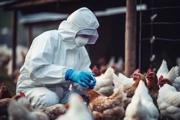 Schilderijen op glas Veterinarian in protective equipment inspecting the poultry at chicken farm,  bird flu infection © pilipphoto