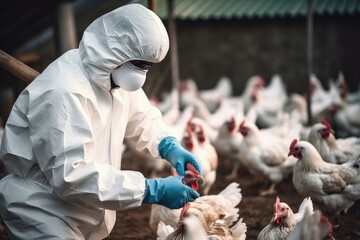 Veterinarian in protective equipment inspecting the poultry at chicken farm, bird flu infection