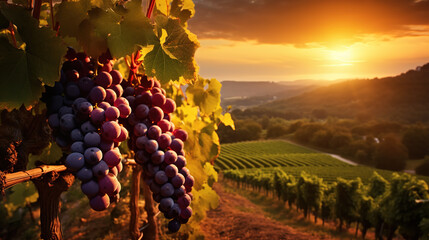 Red wine grapes on vineyard at sunset, Tuscany, Italy - obrazy, fototapety, plakaty