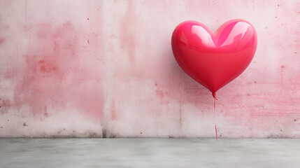 Red heart balloon on pink wall background. Valentine's day concept. 