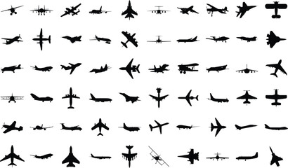 Black airplanes silhouettes. Military jet fighter and civil aviation cargo and passenger planes icons isolated on white background