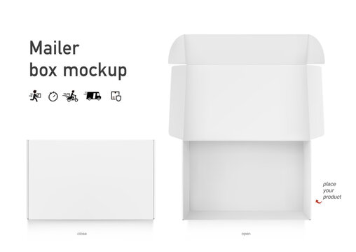 Realistic open post box mockup. Vector illustration isolated on white background. Flat lay view.Ready for your design. EPS10.