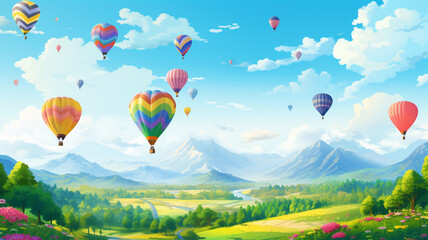 Hot air balloons in the sky. Balloons in the Sky. Landscape with Balloons. Blue Sky and Balloons.