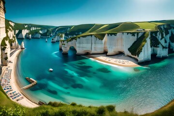 Obraz na płótnie Canvas Panorama of the azure coast of Etretat, France Beach, Sea, Landscape, Normandy
