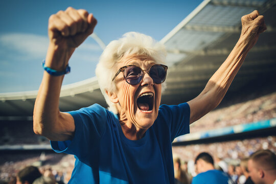 The old lady at the stadium sports event competition cheering. Generative ai image






